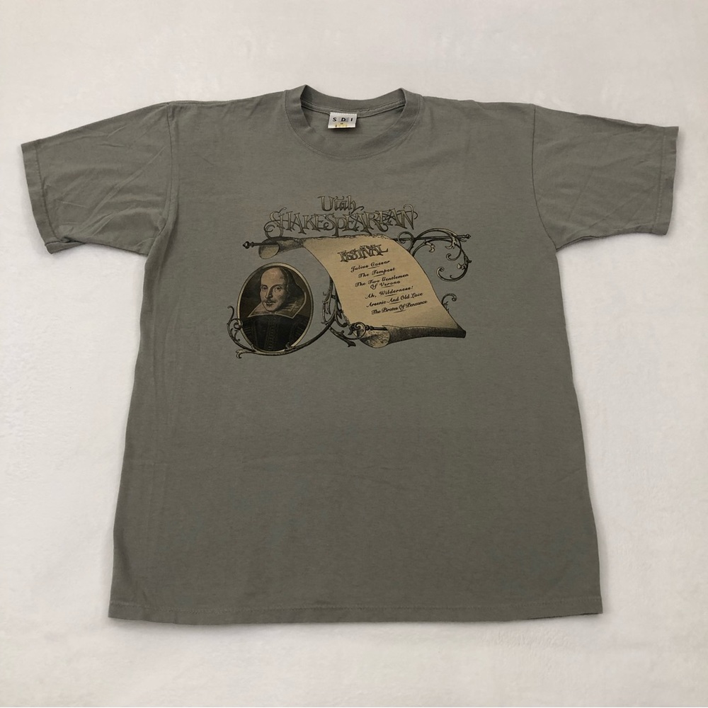 Vintage Utah Shakespearean Festival Olive Gray Short Sleeve  Poetry Shirt Mens M